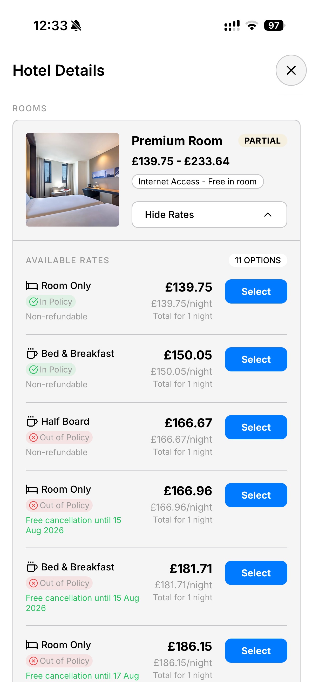 Helix app – Premium Room rate options with in-policy and out-of-policy indicators