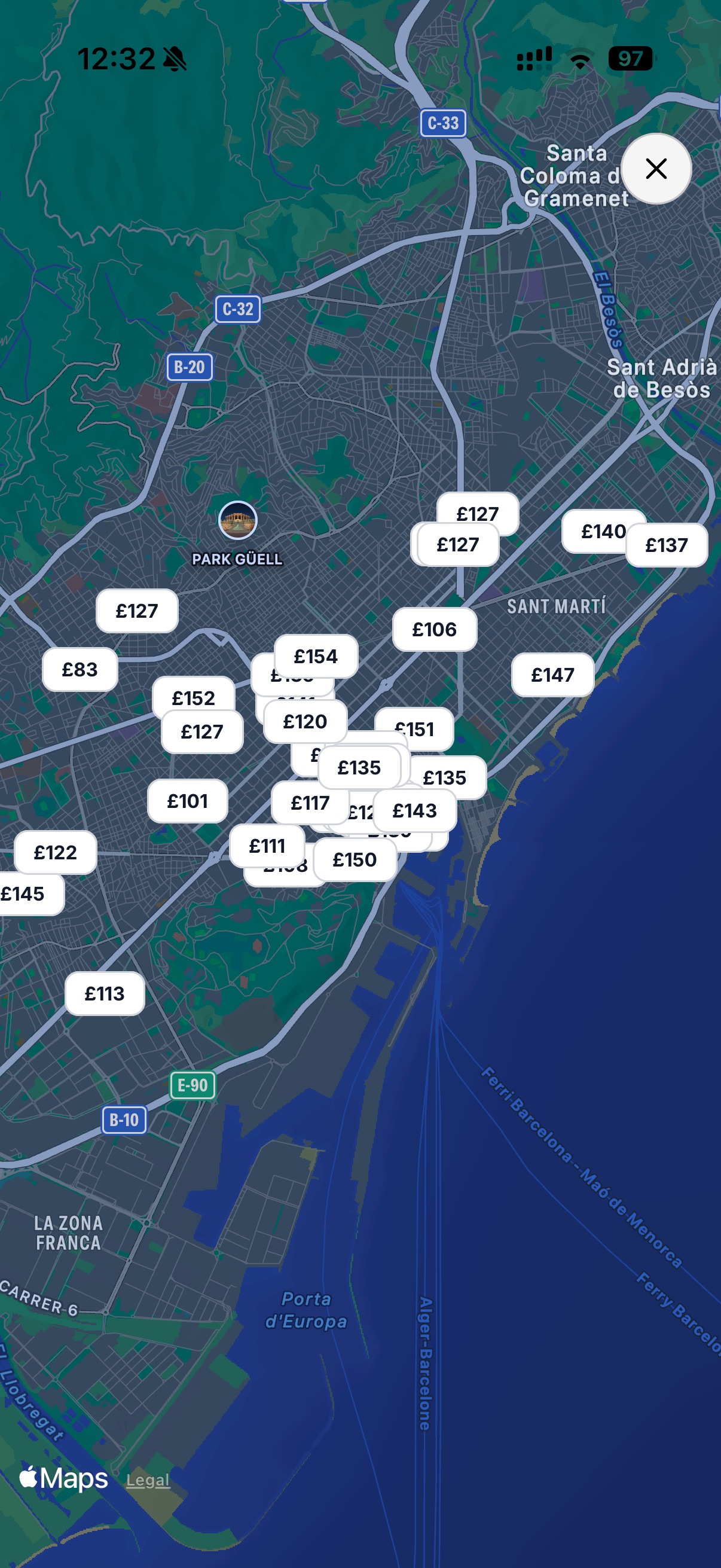 Helix app – Barcelona hotel map view with price pins