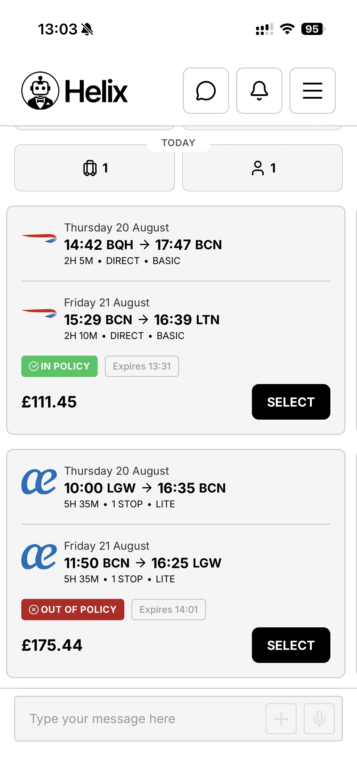Helix app – flight results with in-policy and out-of-policy fares